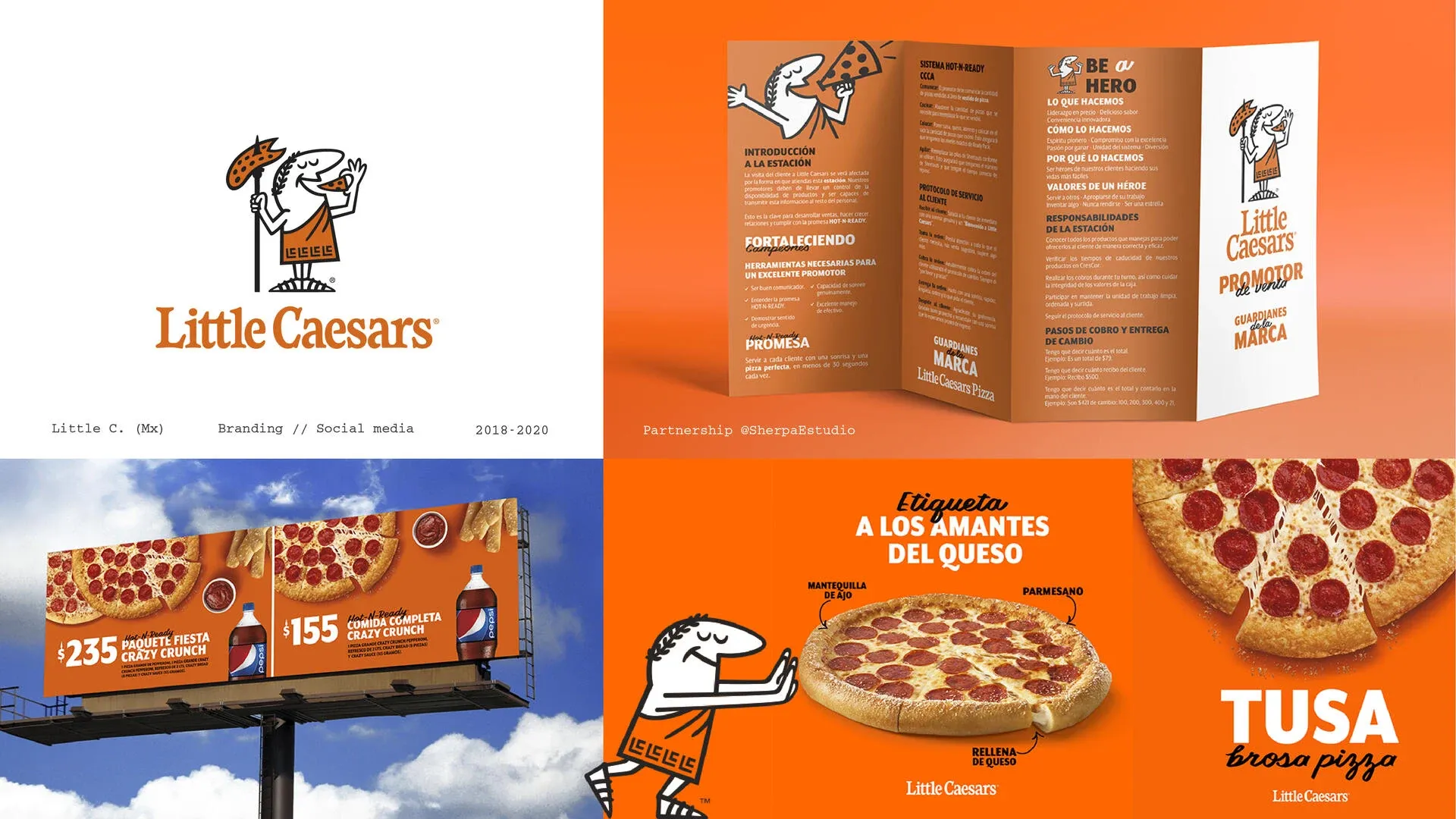 Piezas de Little Caesars México: logotipo, tríptico «Guardianes de la marca», espectacular con promociones y publicaciones de pizza