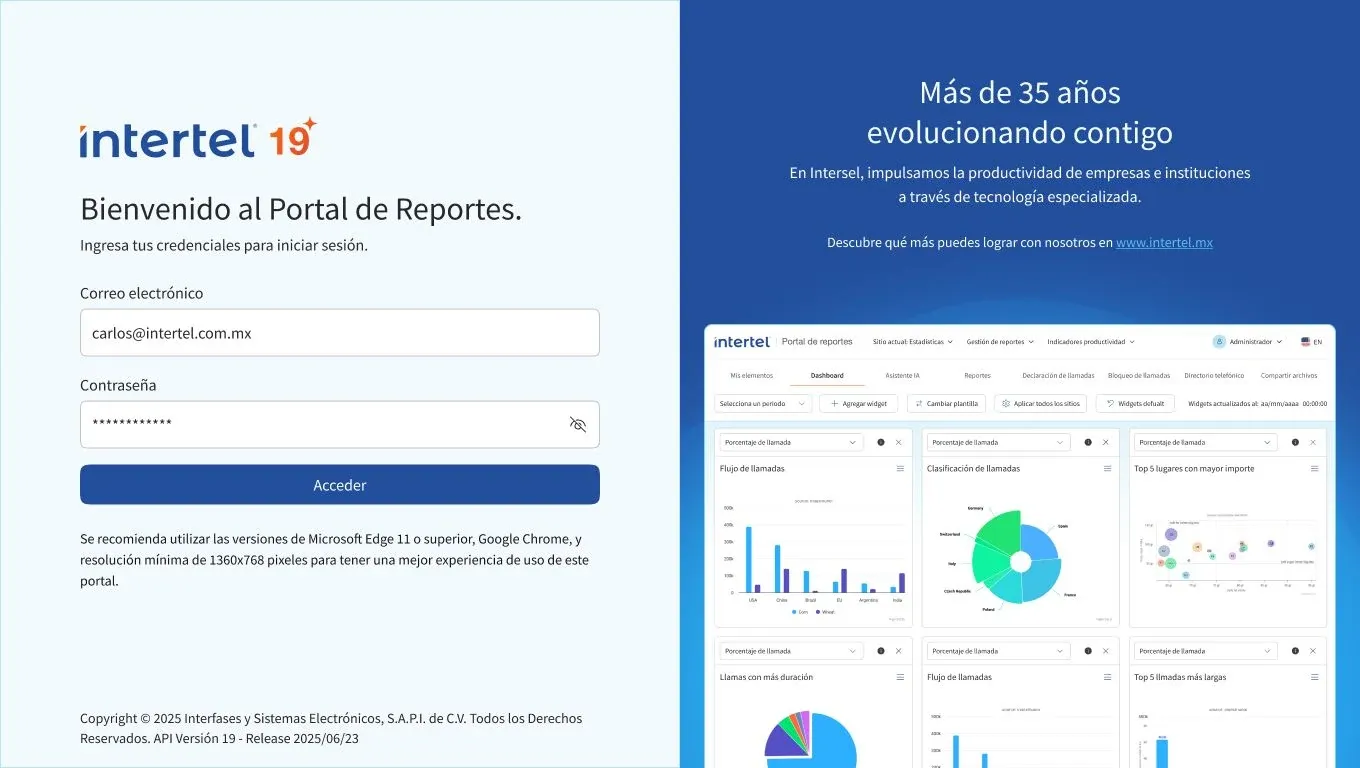 Pantalla de inicio de sesión del Portal de Reportes de Intertel junto a una vista previa del dashboard
