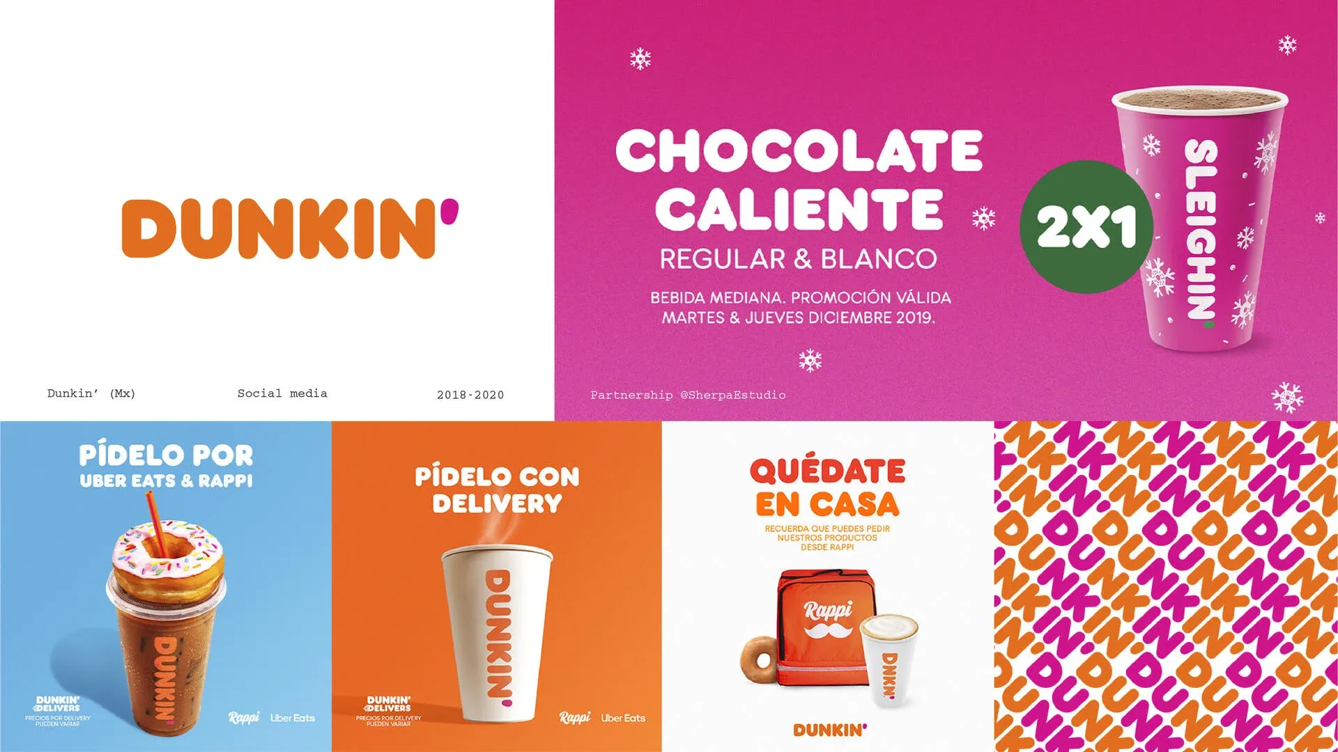 Publicaciones de Dunkin' México para redes sociales: chocolate caliente 2x1, pedidos por Uber Eats y Rappi, y un patrón con el logotipo