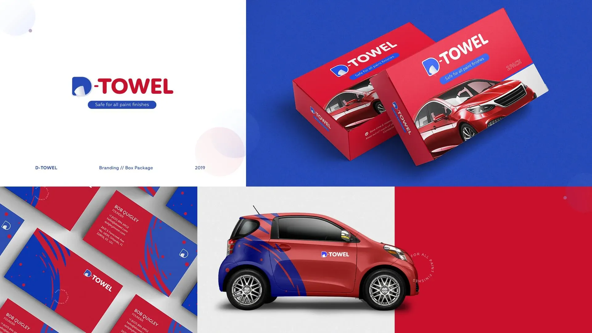 Identidad de D-Towel: logotipo, cajas del paquete doble, tarjetas de presentación y auto rotulado en rojo y azul